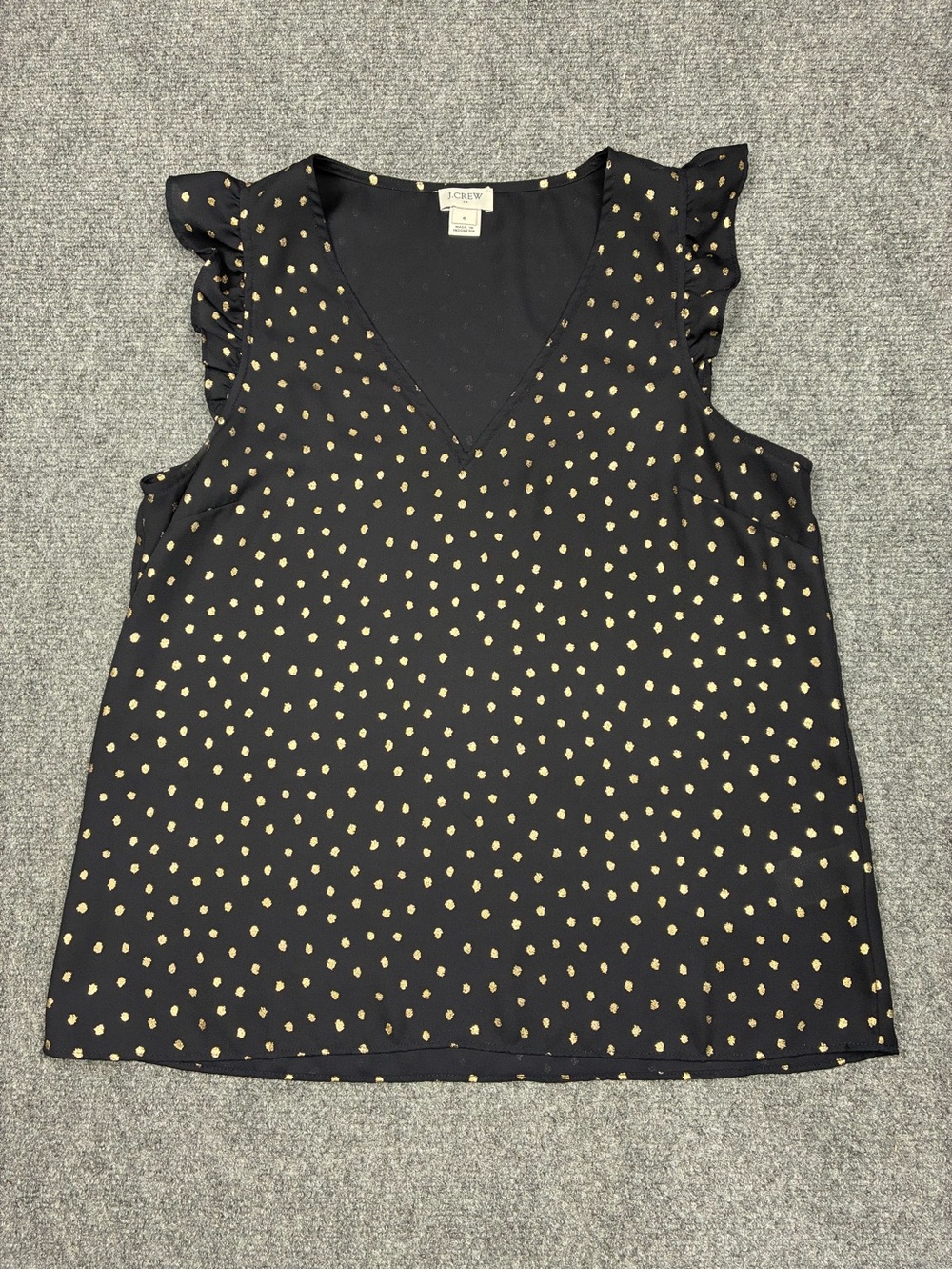 J. Crew Black V-Neck Ruffle Sleeve blouse with Gold Dot Pattern